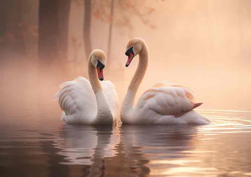 Swans swimming in the morning mist | Canvas