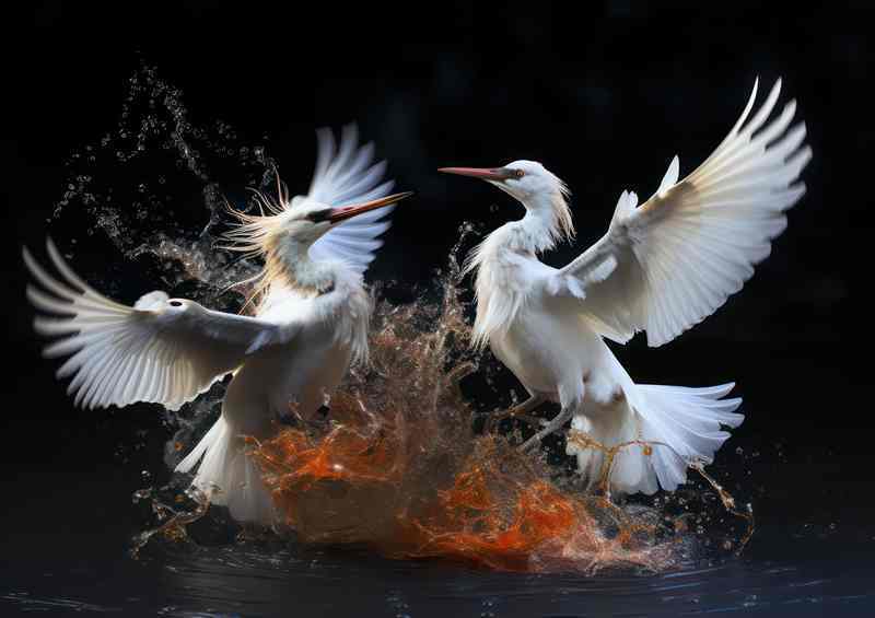 Two egrets birds fighting in the water | Poster