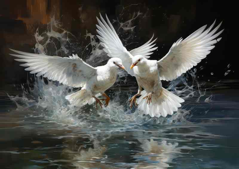 White Birds Having A fingt in the water | Canvas