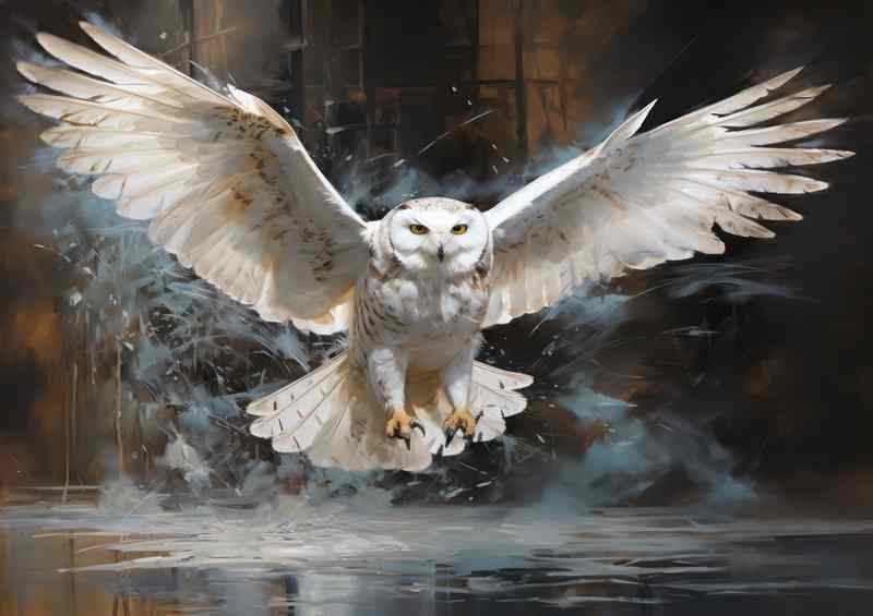 White yound snowy Owl in take off mode | Di-Bond