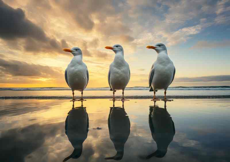 three seaguls standing on a beach with reflection | Di-Bond