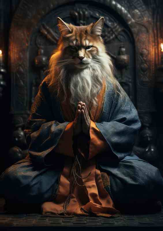 Cat with his hands closed sitting lake a man | Metal Poster