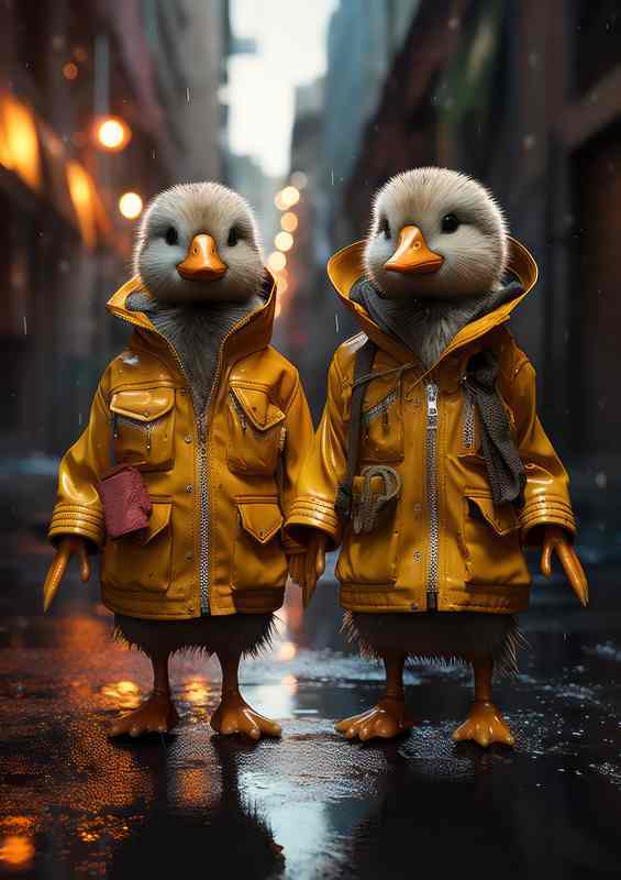 Ducks walking wearing yellow raincoats | Di-Bond