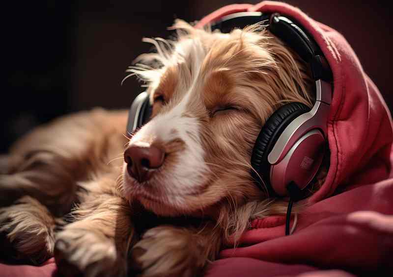 Dog is wearing headphones and sleeping in her hoodie | Poster