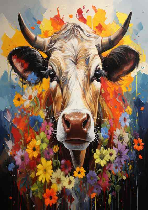 Moo tiful Pastures cow surrounded by flowers | Poster