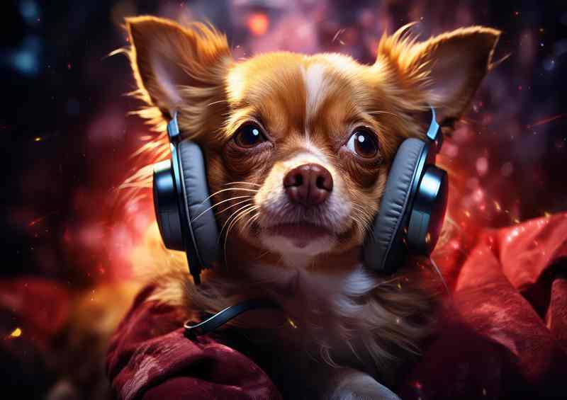 Red chihuahua dog listening to music on headphones | Poster