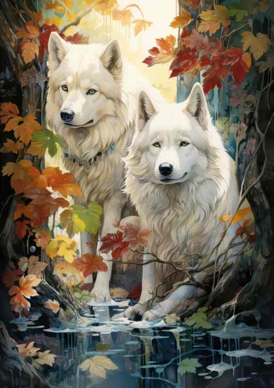 White Dogs by the stream in the woods | Canvas