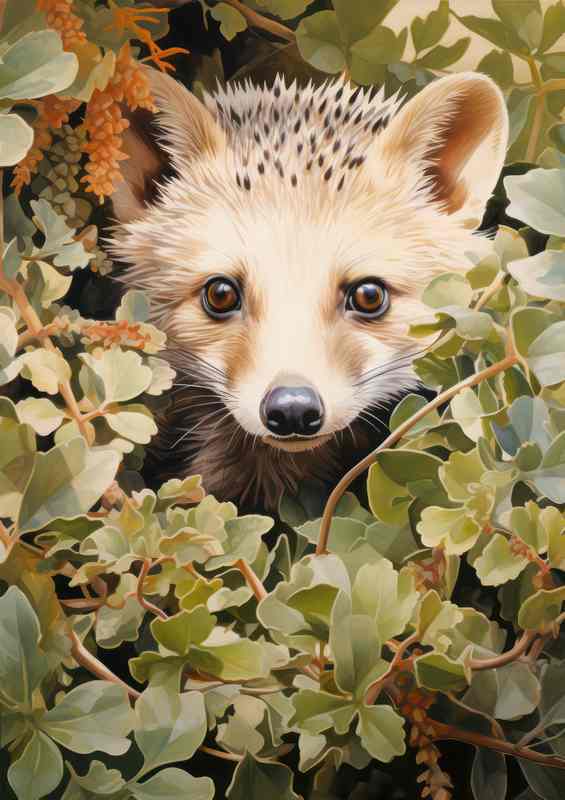 hedgehog nessled in the bushes looking out | Di-Bond