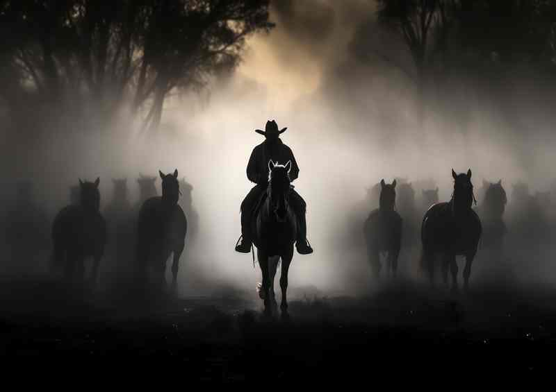 Cowboy leading his horses black and white | Di-Bond