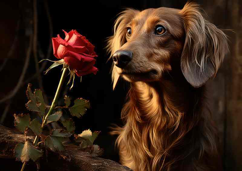 Dachshund At the table with her rose | Di-Bond