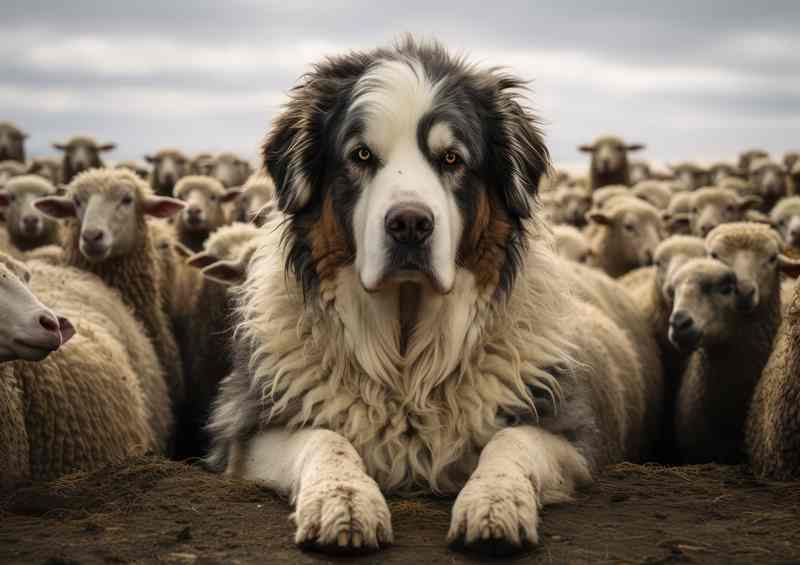 Large Dog Protecting His Hurd Of Sheep from wolfs | Metal Poster