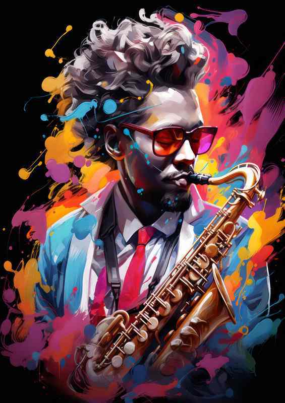 A person playing saxophone along with splash art cool | Canvas