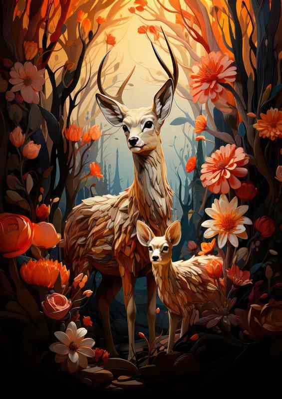 Abstract Deer & Cub Woodland Dream Poster