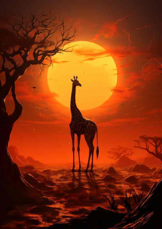 A Giraffe in silhouette with the orange sun setting | Poster