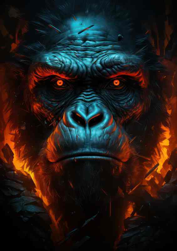 A Gorilla face with glowing white fire eyes | Poster