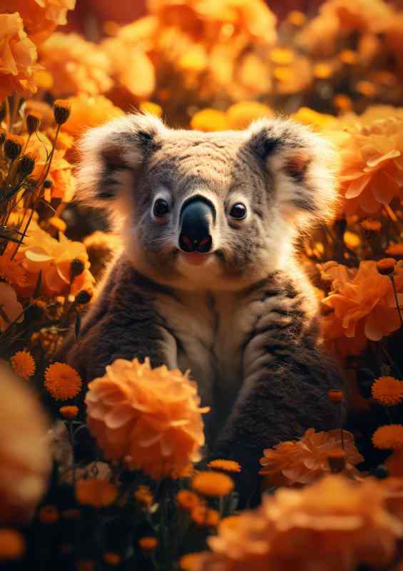 A Koala Surrounded by a ton of yellow full bloom flowers | Canvas