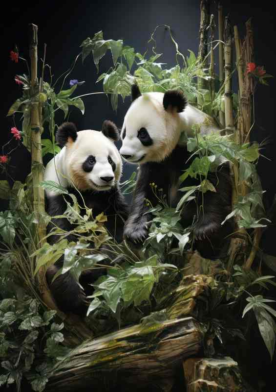 A Pair Of Pandas In the bamboo trees near the waterfalls | Canvas