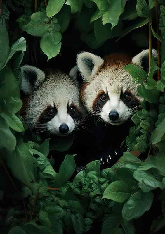 A Pair of red pandas peering through the leaves | Canvas