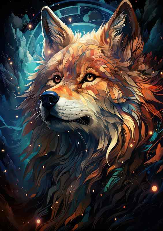 A Wolf surrounded by stars and fireflys | Di-Bond