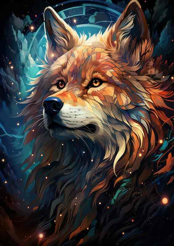 A Wolf surrounded by stars and fireflys | Poster