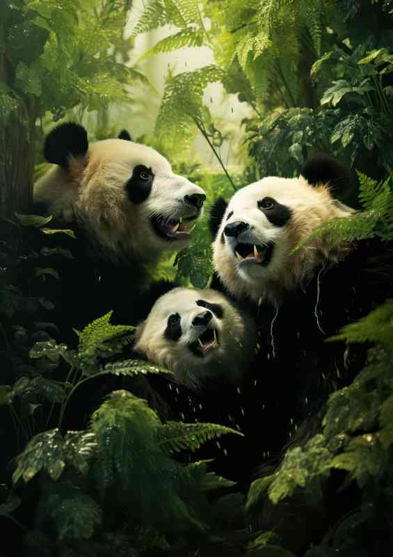 A little family of panda bears in the green forest | Canvas