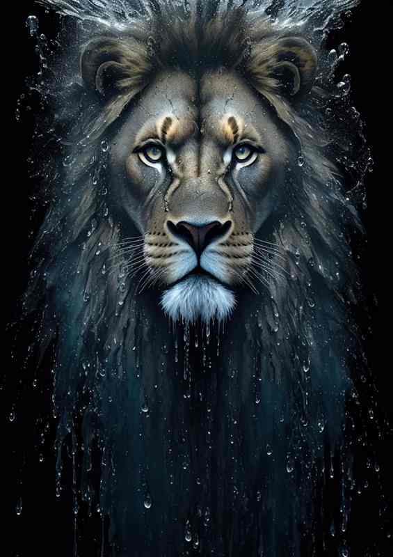 A powerful image of a lion surrounded by water splashes art | Di-Bond