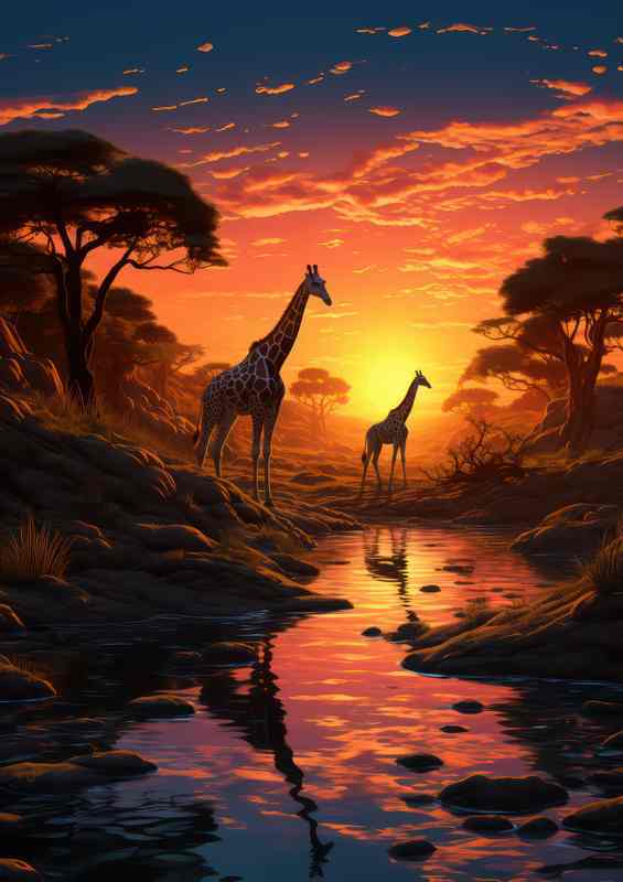 African survanna giraffes walking in the sunset by the river | Poster