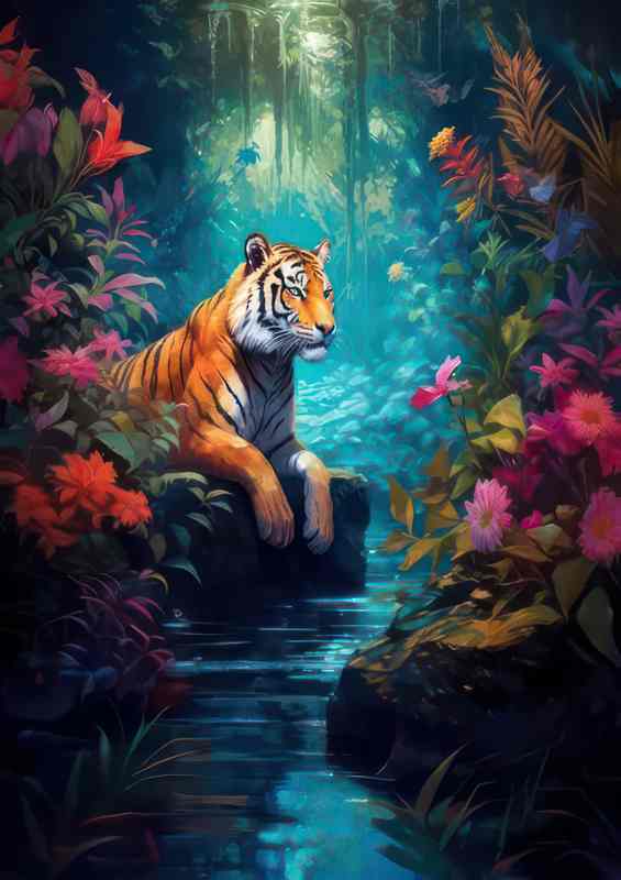 Colorful Tiger Tranquil Waters & Flowers | Di-Bond