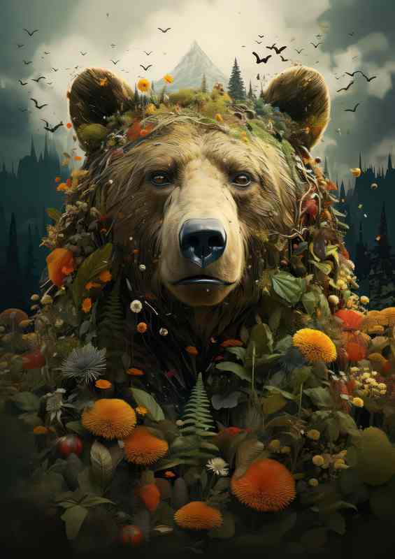 Bear with the mountains and birds in the background | Di-Bond