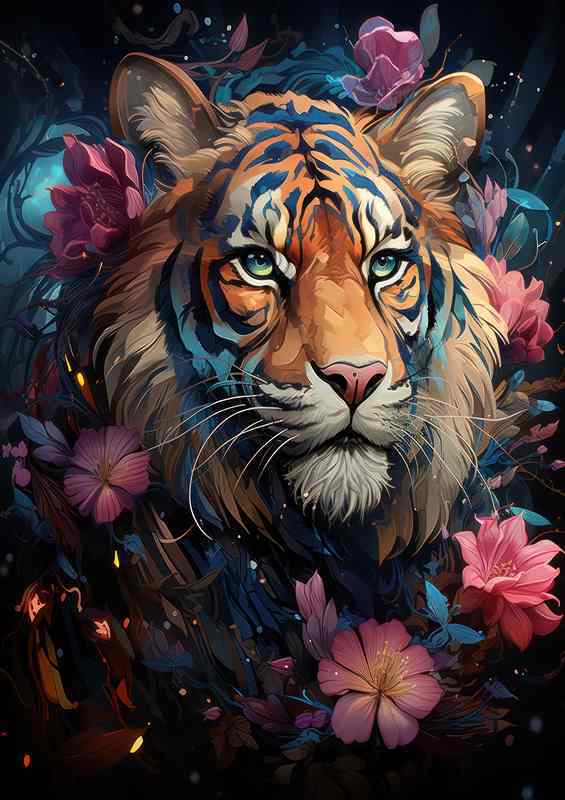Colourful Tiger nestled with pink flowers | Poster