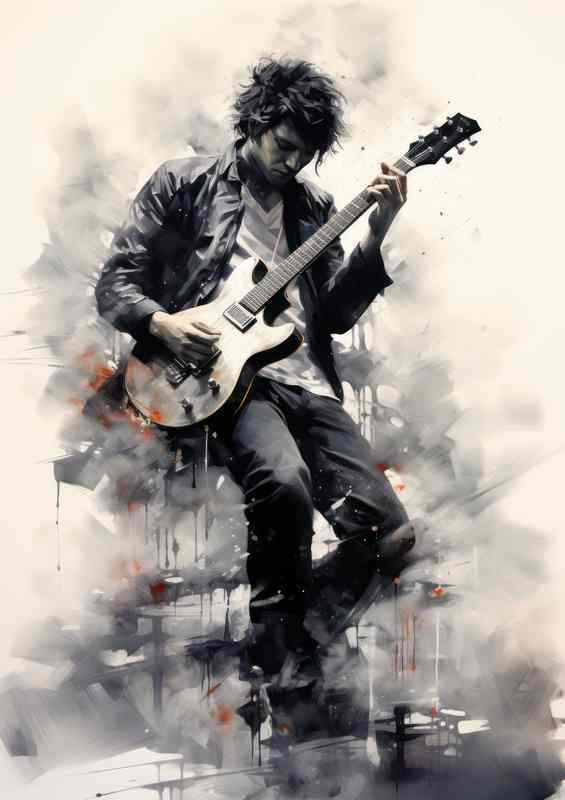 Holding an electric guitar in the style of ink | Di-Bond