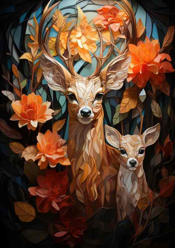 Deer and a cub with flowers and abstract style | Di-Bond