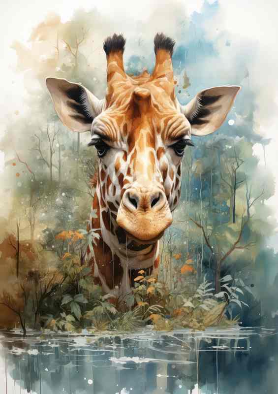 Giraffe art face pearing above the water line | Poster