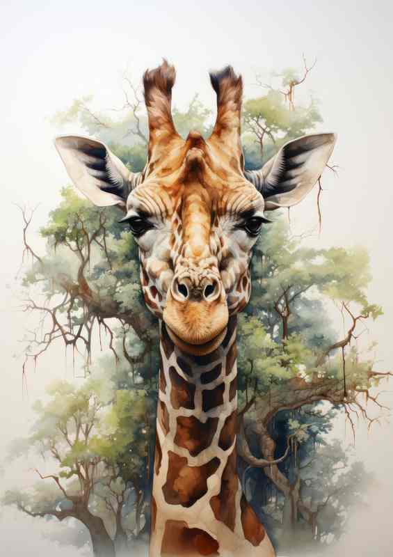 Giraffe facing the horizon with trees in the background | Di-Bond