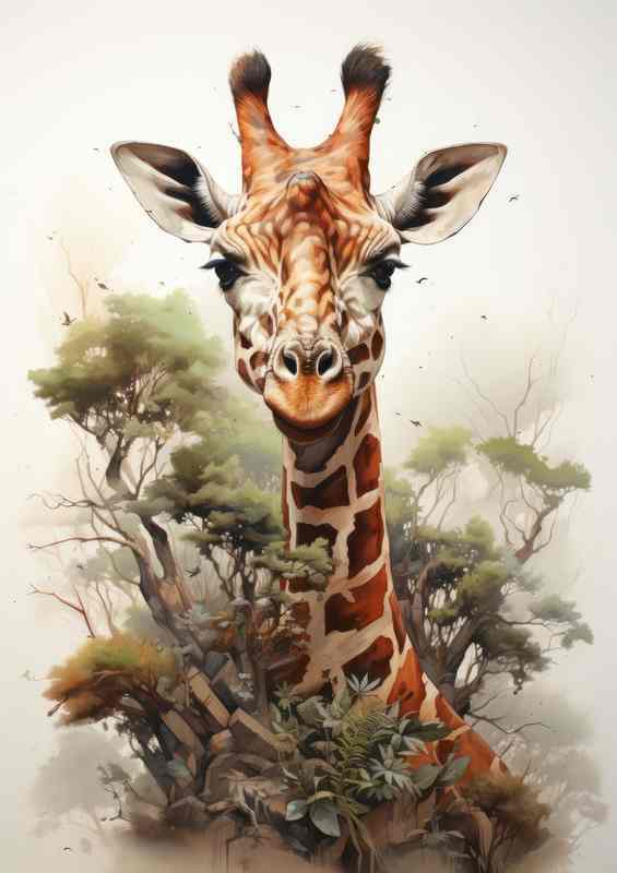 Giraffe in the trees facing the horizon art style | Metal Poster