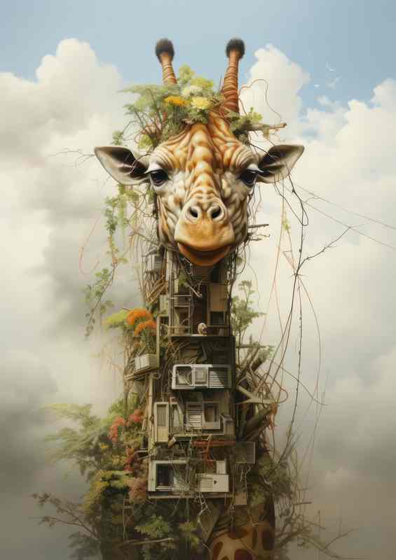 Giraffe surreal art in the mountain clouds | Di-Bond