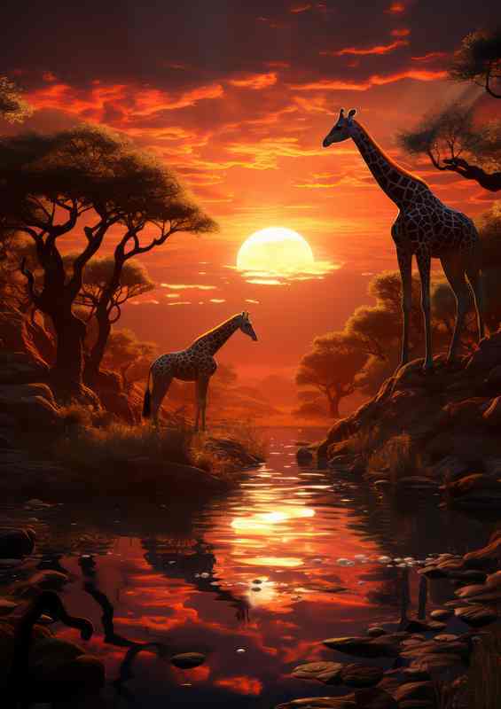 Giraffes trees and a sunbeam at sunset | Poster