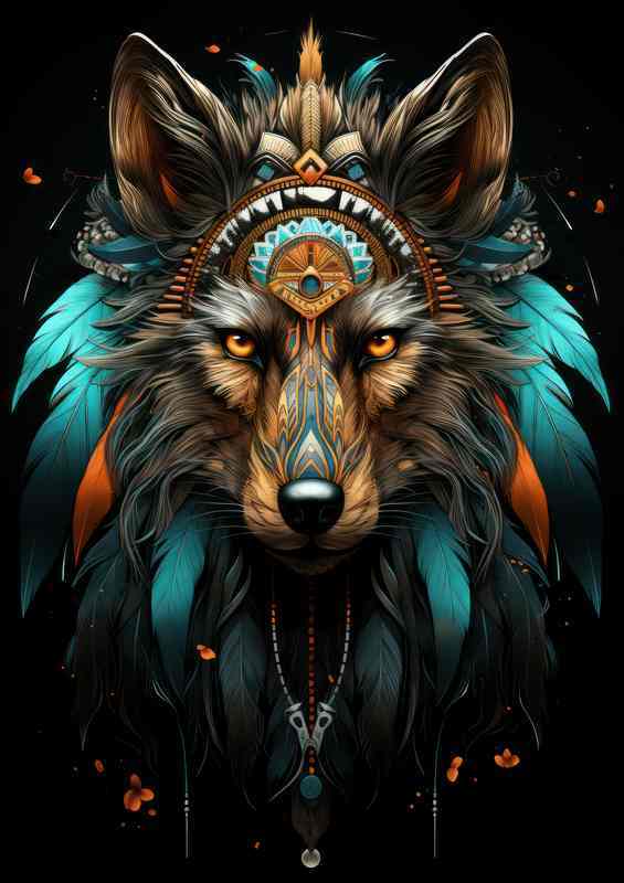 Indian wolf with feathers and a black background | Di-Bond