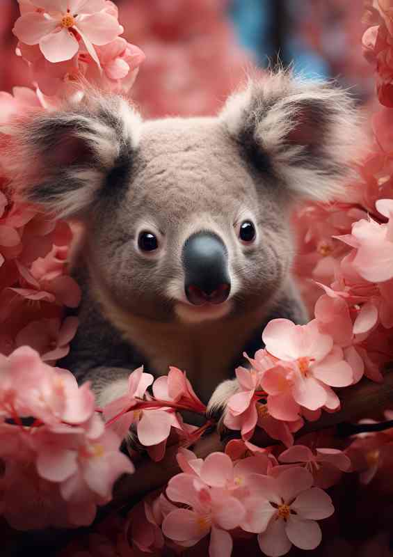 Koala sitting in the nest of the pink flowers in bloom | Poster