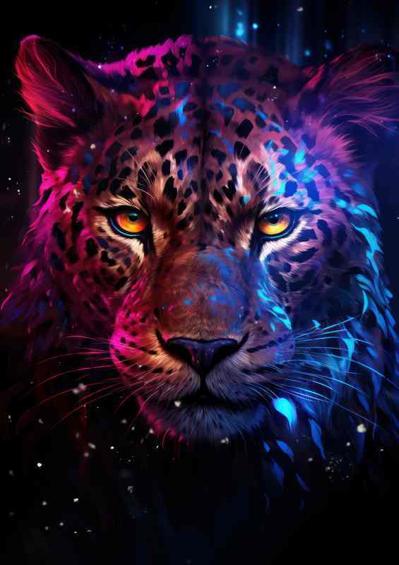 Leopard in the night time with a purple ray across the face | Poster