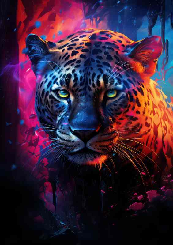 Leporard looking at the lens with pink and purple backdrop | Poster