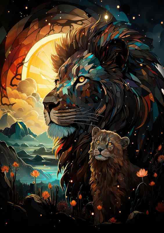 Lion and his cub with sun setting in the background art style | Poster