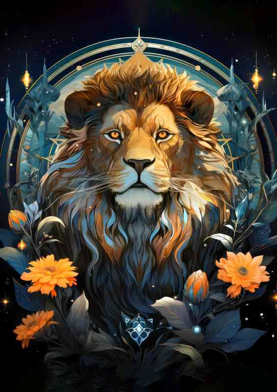Lion surrounded by flowers at night | Poster
