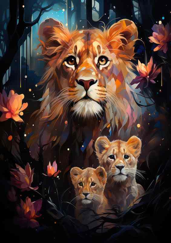 Lioness and her cubs surrounded by flowers | Canvas