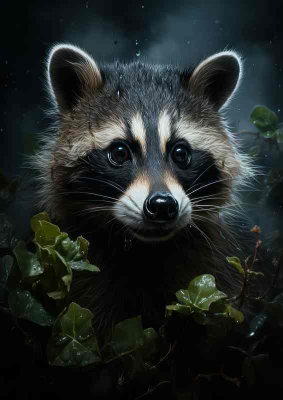 Little Raccons face in the woods at night | Poster