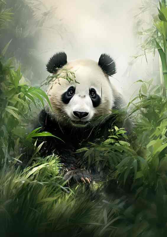 Panda Surrounded by bamboo in the mountain forest | Canvas
