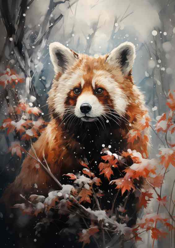 Red Panda Bear in the winter snow drops | Canvas