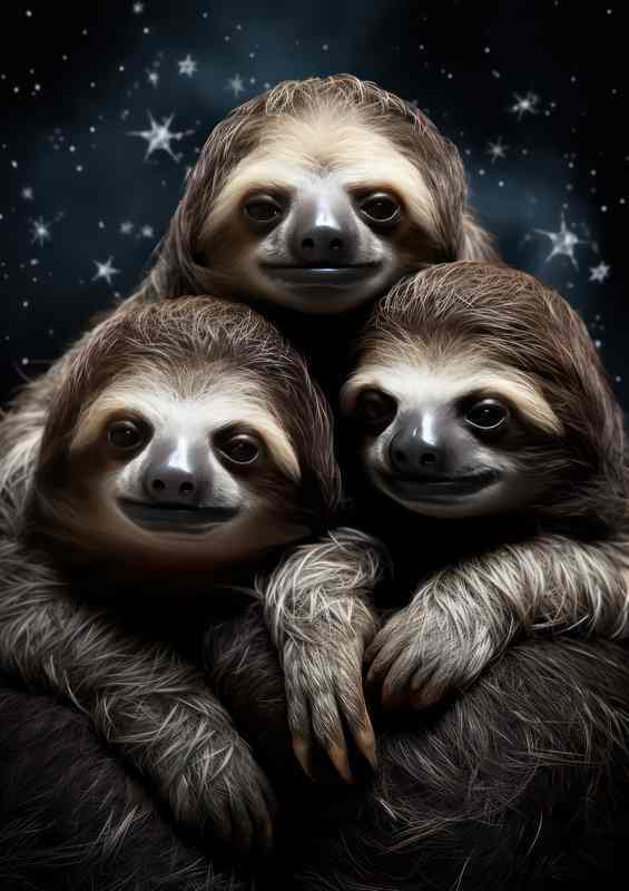 Sloths having a cuddle in the midnight sky with stars | Poster