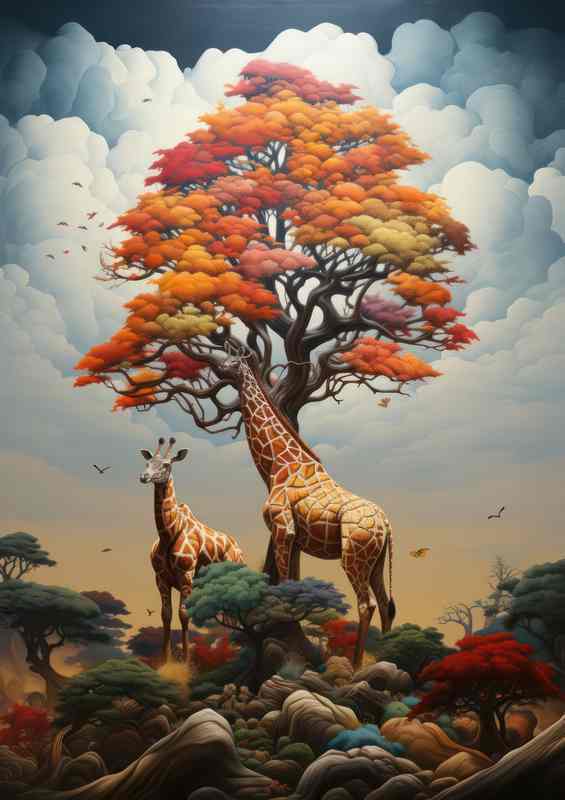 Surreal trees full of mixed colours with a pair of giraffes | Di-Bond