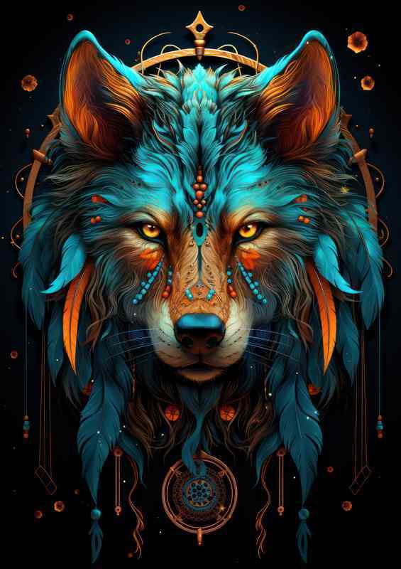 The Wolf Dreamcatcher with neon blue style colours | Poster